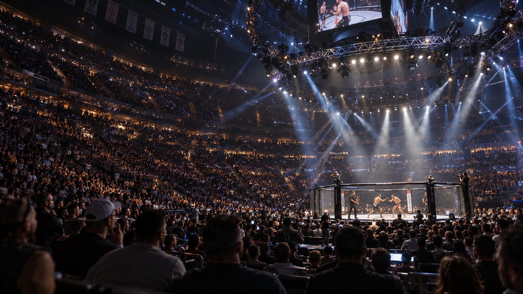 Иллюстрация атмосферы большой арены MMA: октагон, зрители и прожекторы